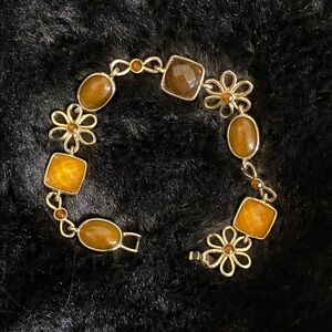Gold-Tone Amber Stone Flower Link Bracelet - Women Jewelry